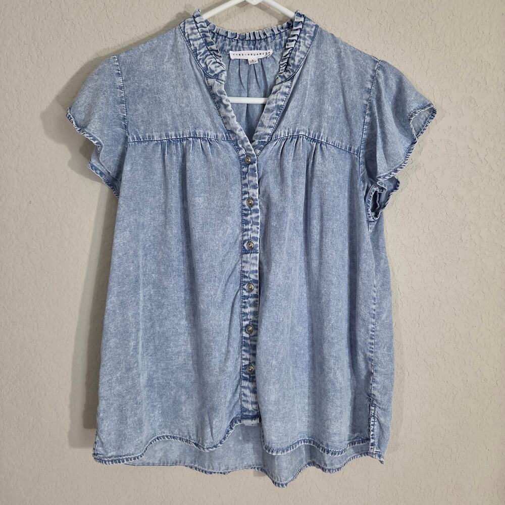 Jane and Delancey Lyocell Chambray Top Womens Small Ruffle Cap Sleeve Summer
